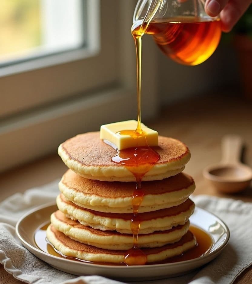 Buttermilk pancakes, real maple syrup.