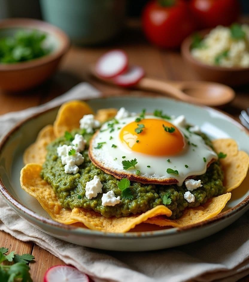 Chilaquiles verdes, fried egg — Mexico breakfast recipe