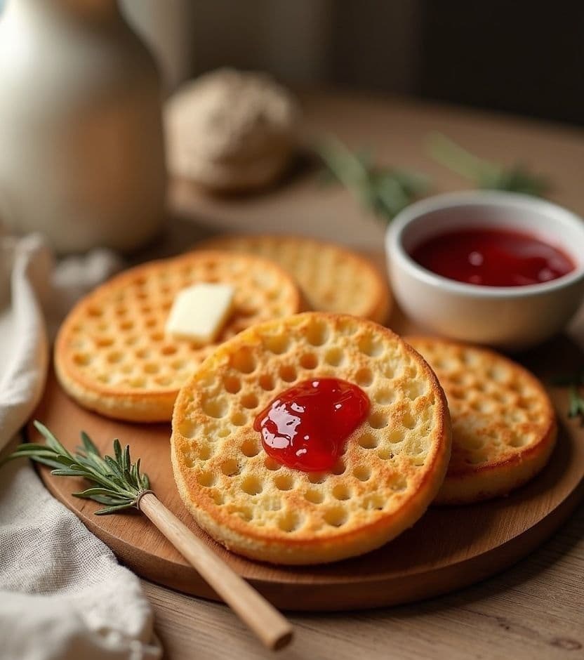 Crumpets with salted butter & jam - United Kingdom breakfast recipe