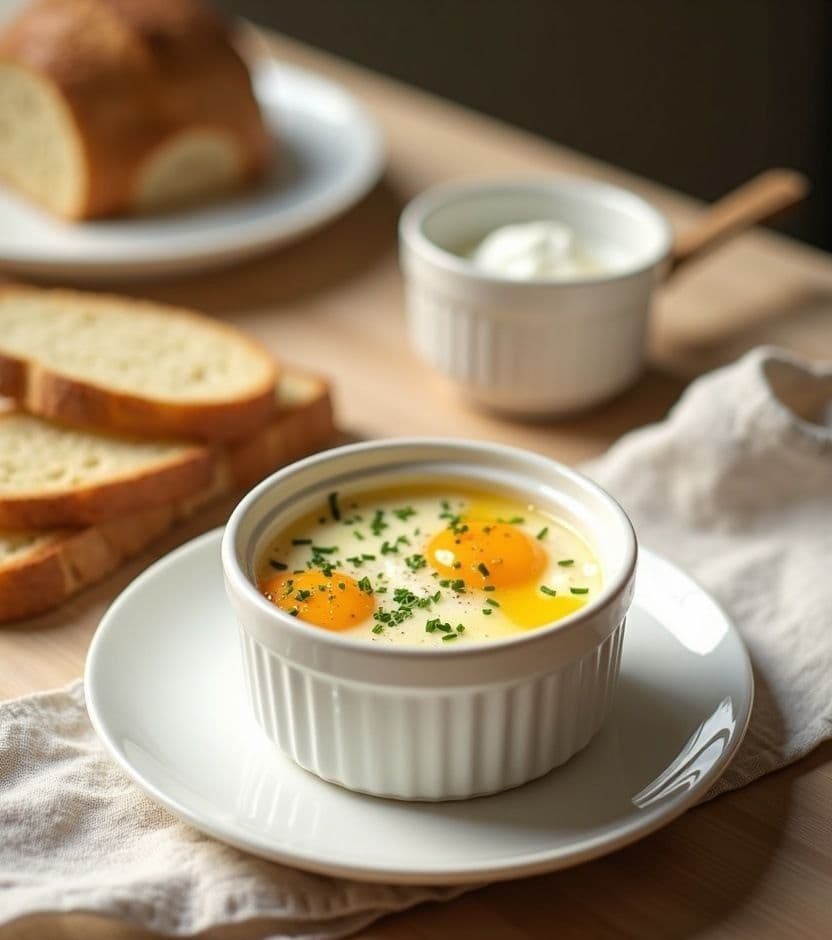 Å’ufs en cocotte, cream & herbs.
