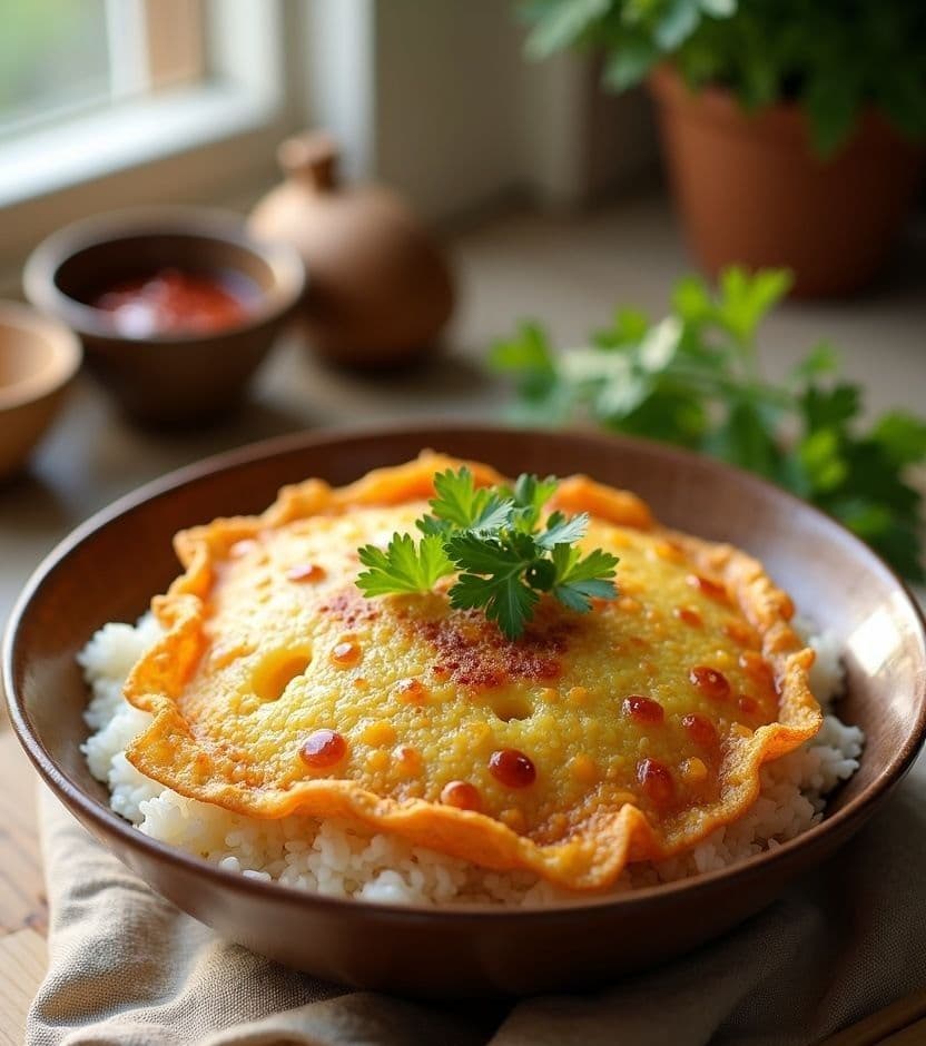 Khao kai jeow, crispy omelet & rice, Thailand egg breakfast recipe